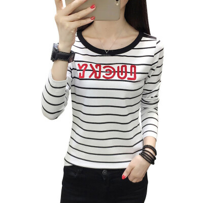 

Women Slim Round Collar Summer Stripe Print Loose Long Sleeve Casual Simple Wild T-Shirt