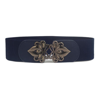 

Vintage Solid Color Wide Waistband Metal Hollow Flower Buckle Elastic Women Belt