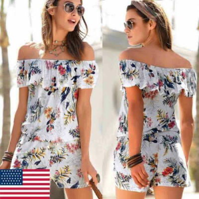 

Women Off Shoulder Outfits Flower Sleeveless Pants Casual Short Jumpsuit Rompers