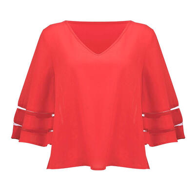 

Summer Casual Pullover Deep V-Neck Flare Sleeve Blouse Women Simple Tops