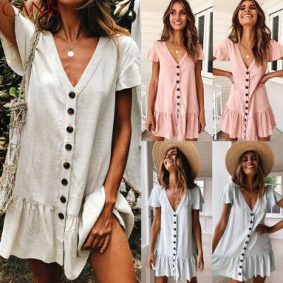 

Womens Boho Solid Button Summer Party Evening Beach Short Mini Dress Sundress