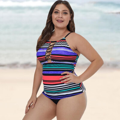 

Women Striped Swim Top Hollow Out Front Strappy Back Plus Size Tankini Top Bathing Swimwear