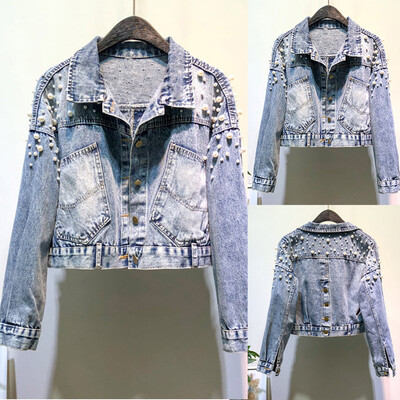 

Toponeto Womens Blue Long Sleeve Denim Jacket Pocket Beading Casual Short Outwear Coat