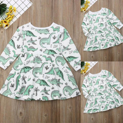 

Autumn Baby Girls Kids Long Sleeve Dinosaur Short Dress Skirt Outfit Clothes