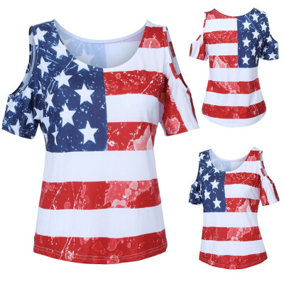 

Nomeni Womens Short Sleeve Blouse Patriotic Stripes Star American Flag Heart Print Tank