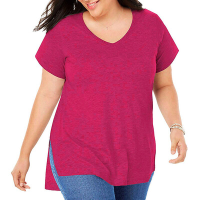 

Roseonmyhand Womens Plus Size Casual Short Sleeve Shirt V-neck Loose Slit Shirt T-shirt