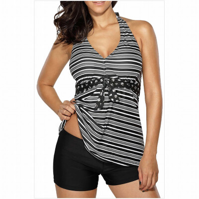 

Halter striped V-neck high stretch split swimsuit