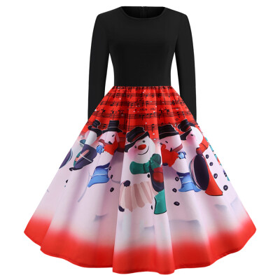 

Round Collar Long Sleeve Note Print Christmas A-line Women Vintage Dress