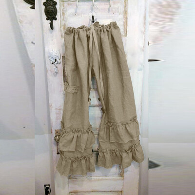 

Women Plus Size Solid Cotton Linen Folds Casual Ruffled Loose Pocket Pants