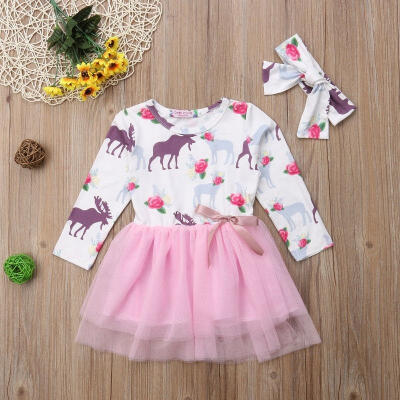 

Toddler Kids Baby Girls Christmas Bow Deer Long Sleeve Tutu Tulle Dress Clothes