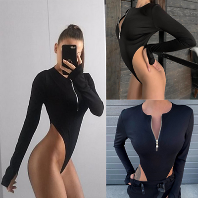 

Women Long Sleeve Leotard Sexy Shirt Jumpsuit Bodysuit Stretch Blouse Black UK