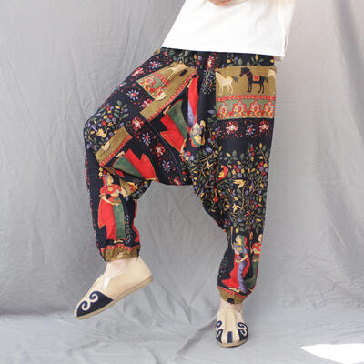 

Cotton Linen Men Loose Harem Pants Print Retro Drop Crotch Cross-pants Hip-hop Casual Wide-leg Large Size Bloomers Trousers Male