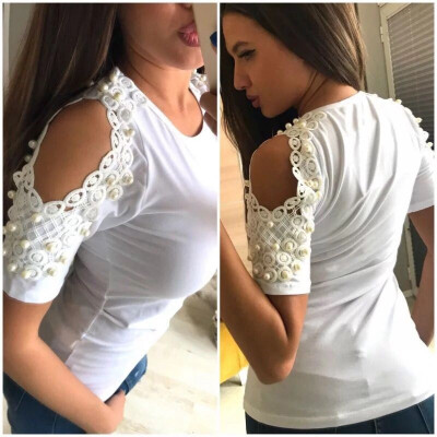 

Women Beaded Off Shoulder Stitching Round Neck Short Sleeve Summer Embroidery Cotton Casual T-Shirt