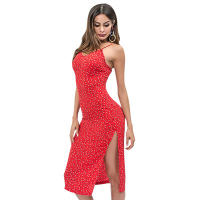 

Spaghetti Strap Floral Print High Slit Sheath Women Chiffon Dress