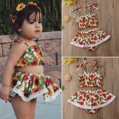 

Summer Baby Girls Sunflower Off-Shoulder Tops Shorts Skirt Pants Outfits Clothes