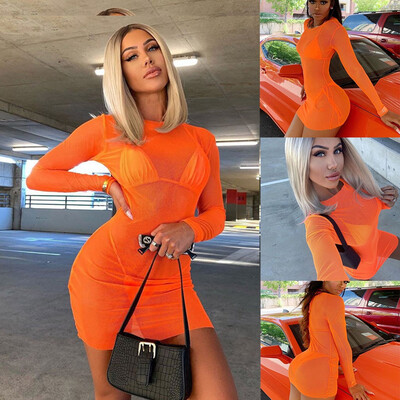 

Tailored Women Sexy Long Sleeve Solid Perspective of Gauze Fitted Waist A-Shaped Dress
