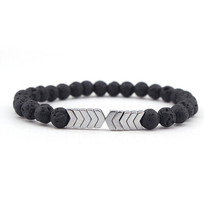 

Black Lava Volcanic Stone Bracelet Ancient Silver Arrow Shape Fashion Hand Cord Unisex Pair Jewellery Hot Gift