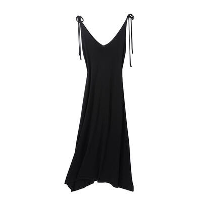

Solid Color Dress Women Summer V-neck Sling Bowknot Lace Up Knitted Dresses