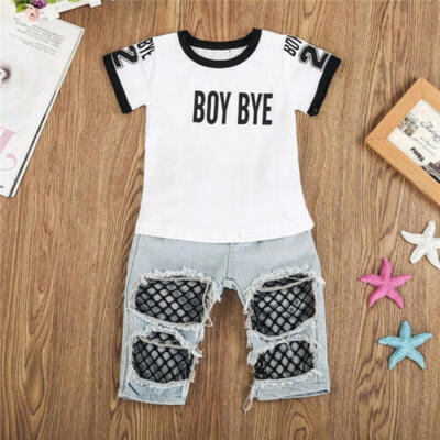 

Newborn Baby Girl Tops T-shirt Mesh Hole Pants Denim Jeans Outfit Set Clothes AU