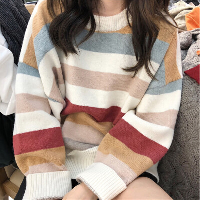 

Autumn Warm Women Striped Jumper Round Neck Ladies Winter Sweaters Pink Pullovers Long Sleeve Oversized Sweater Clothes Pull