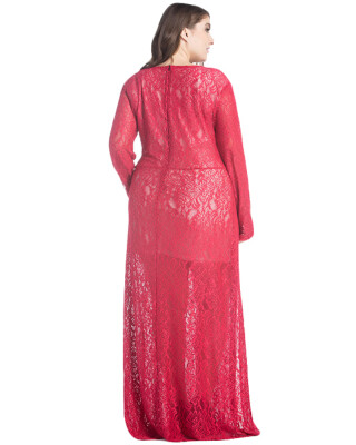 

Women Plus Size Lace Maxi Dress V-Neck Full Sleeve Lined Evening Party Solid Long Dress