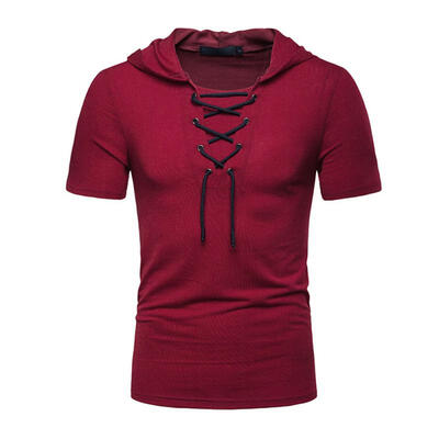 

Lace-up Hooded Cotton T-Shirt Loose Short Sleeve Tees Casual Tops For Men