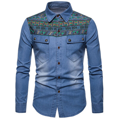 

Ethnic Print Long Sleeve Denim Shirt