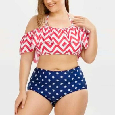 

Roseonmyhand Plus Size Women Printed Off Shoulder Swimwear Bathing Ruffle Swimsuit Beachwear