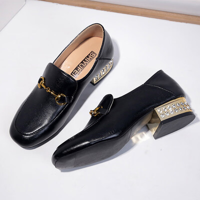 

Water drill thick-heeled Rover shoes casual single shoes spring womens horse buckle shoes small leather shoes fashionable Bri