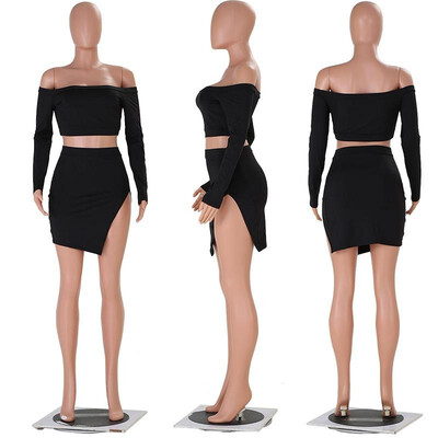 

Women Two Piece Set Crop Top Skirt Off Shoulder High Waist Split Mini Bodycon Sexy Night Clubwear