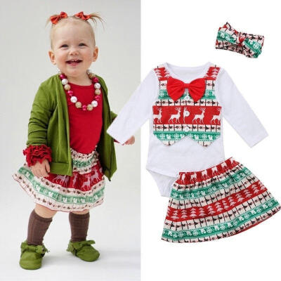 

3Pcs Bowknot Christmas Newborn Baby Girl Boho Deer Top Romper Skirt Dress Outfits Set Clothes 0-2T