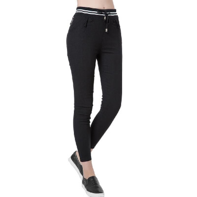 

New Fashion Women Casual Pants Elastic Waist Drawstring Slim Pencil Pants Trousers BlackWhite