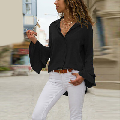 

Womens Flared Sleeve Tops Button Down Loose Solid Shirt V-neck Formal Casual