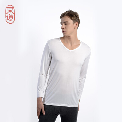 

JZAO mens thermal underwear heating fiber thin section Slim long-sleeved T-shirt white V-neck S code