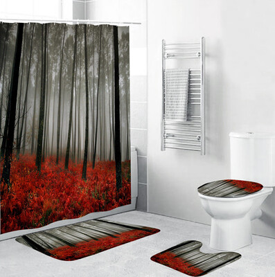 

Gobestart 4PCS Non Slip Toilet Polyester Cover Mat Set Bathroom Shower Curtain