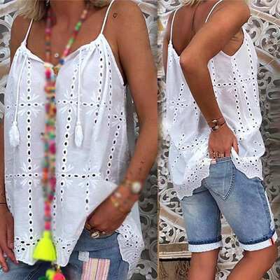 

2019 Women Sling Plus Size Hollow Camisole Casual Loose Tops Vest Blouse White