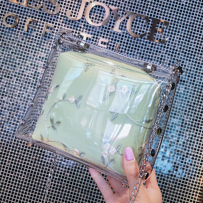 

Womens 2019 new Chaohan version of fashion 100 jelly transparent small square bag with one shoulder slanted bag for women