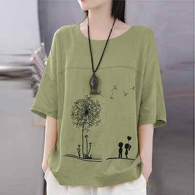 

Roseonmyhand Plus Size Women Short Sleeve Cotton Linen O-Neck Print Blouse Top T-Shirt