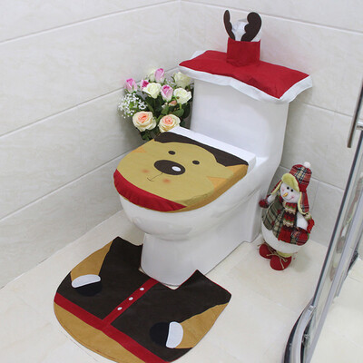 

3 PCS Set Christmas Xmas Decoration Santa Toilet Seat & Cover & Rug Bathroom Mat