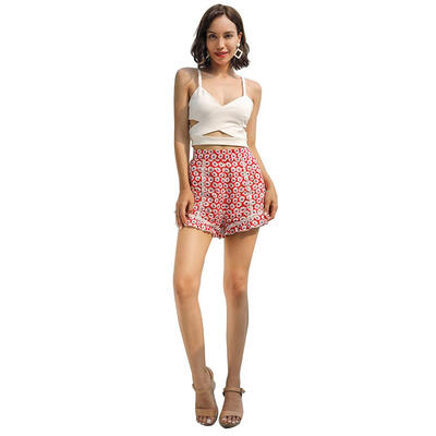 

Summer Sexy Cotton Shorts Women Flower Print High Waist Pleated Short Pants