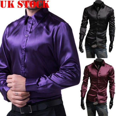 

Mens Long Sleeve Casual Shirt Luxury Silk-Like Satin Dress Shirt Tops UK STOCK