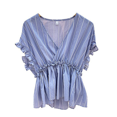 

Fashion Ruffles Blouse Women Summer Short Butterfly Sleeve Shirt Striped V-Neck Shirt Casual Tops