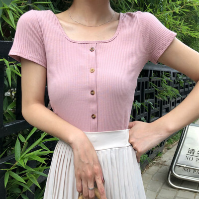 

Knit short sleeve square collar T-shirt Women Vintage O-neck Short sleeve Slim Fit t-shirt tight Summer Autumn Top Female