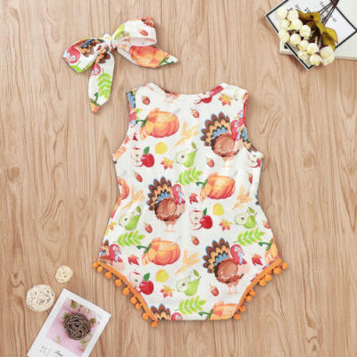 

2PCS Newborn Baby Girl Turkey&Pumpkin Printed Romper Bodysuit Jumpsuit Outfits