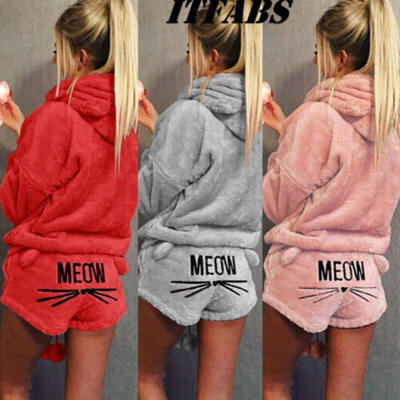

2PCS Winter Warm Women Pajamas Set Soft Bathrobe Cute Cat Pyjamas Sleepwear Set