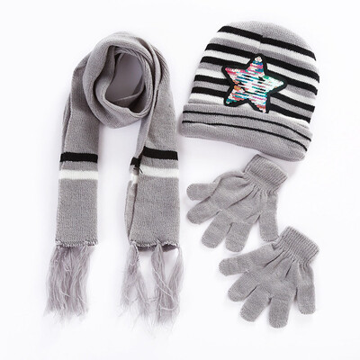 

3Pcs Set Sequins Five-Star Hat Scraf Gloves Cute Baby Boys Girls Supplies Kid Winter Suit