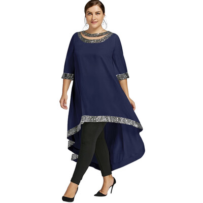 

Plus Size Sequined Trim Dip Hem Dress