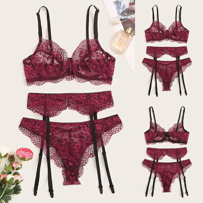 

〖Follure〗Sexy Exquisite Lace Lingerie BraGarterBriefs Set Babydoll Cut-Out Sleepwear