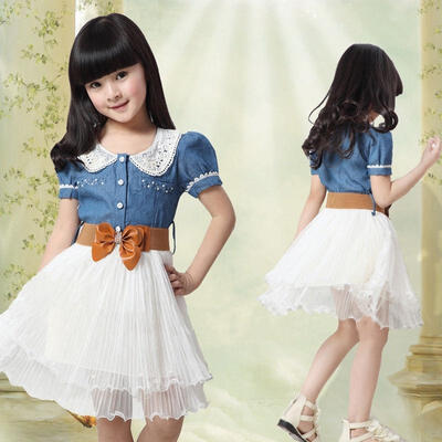 

Girls Kids Teenager Princess Denim And Tulle Stitching Tulle Dress 7-15Y