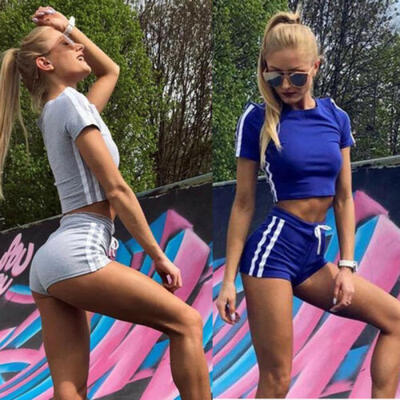 

2PCSSet Women Outfit Yoga Striped Workout Tracksuit Sports Suit Crop Top Shorts
